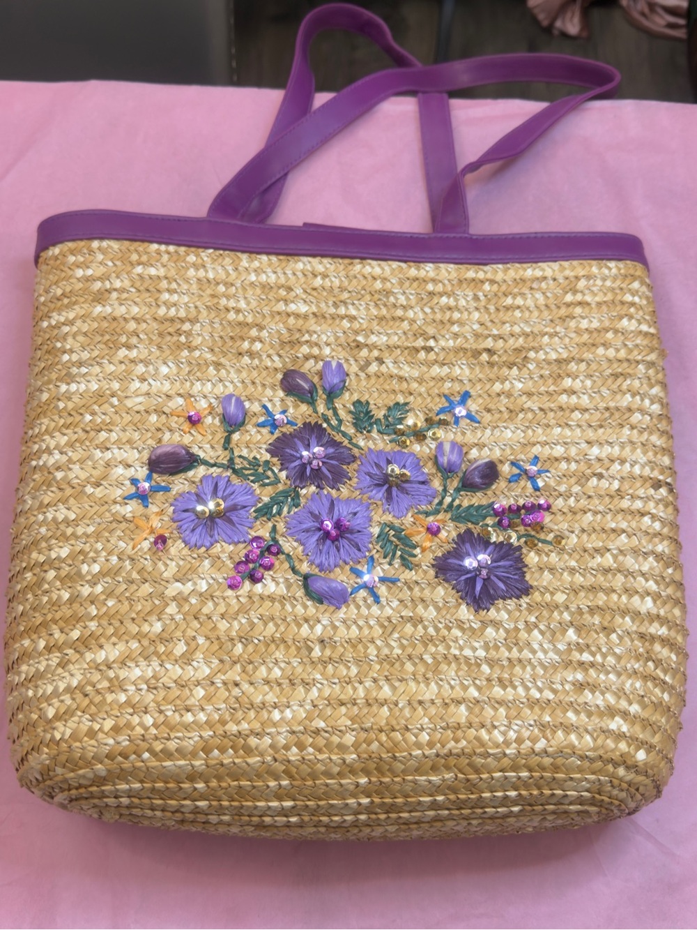 Purple Floral Embroidered Straw Tote Bag